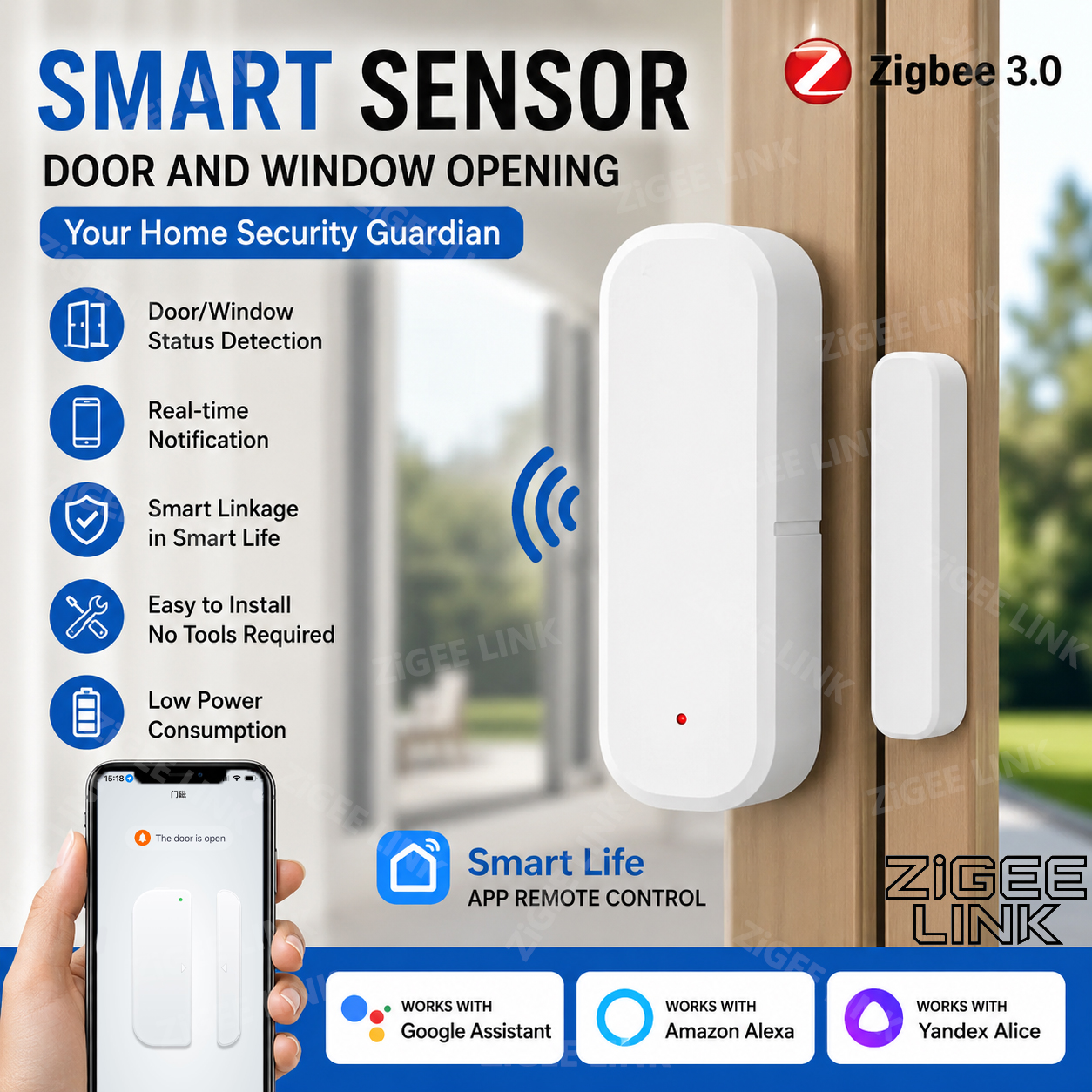 Zigbee Door Window Anti-Theft Detector Wireless Magnetic Contact Security Sensor APP Notification Alarm Zigbee Hub Required