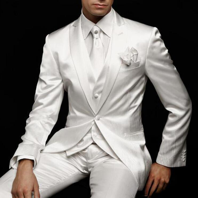 3-teiliger weißer Satin-Hochzeitsanzug für den Bräutigam, Smoking mit spitzem Revers, maßgeschneidert, hübscher Business-Party-Herrenanzug (Jacke + Hose + Weste)