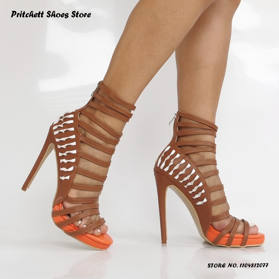 Sandales à lanières à plateforme basse pour femmes, chaussures d'été à fermeture éclair au dos, chaussures de fête à bout rond et ouvert, talons aiguilles hauts de grande taille