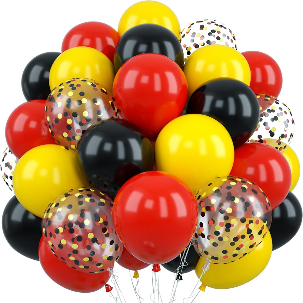 12inch (about 30.5cm) Red Yellow Black Balloon, Mouse Color Helium Party Balloon Matte Yellow Red Black Latex Balloon with Cartoon Mouse Confetti Balloon, Suitable for Kidsren Baby Shower Birthday Carnival Decoration Supplies