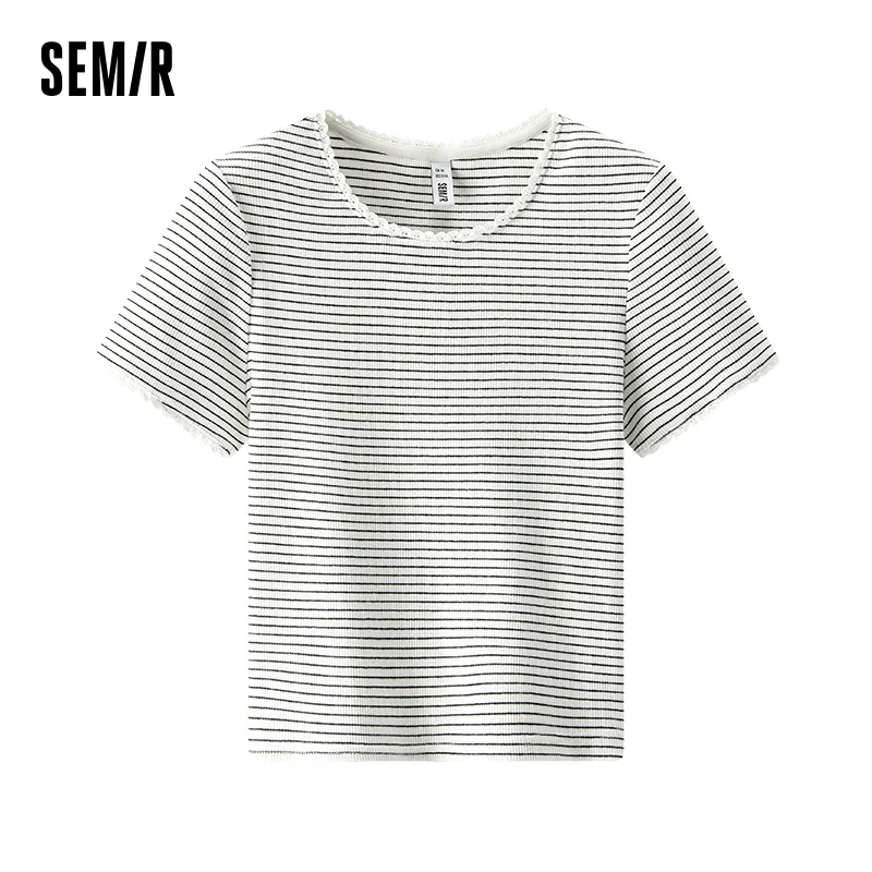Camiseta Semir para mujer 2026, cuello redondo, manga corta, con encaje, ajustada, a rayas, elegante, suave y casual