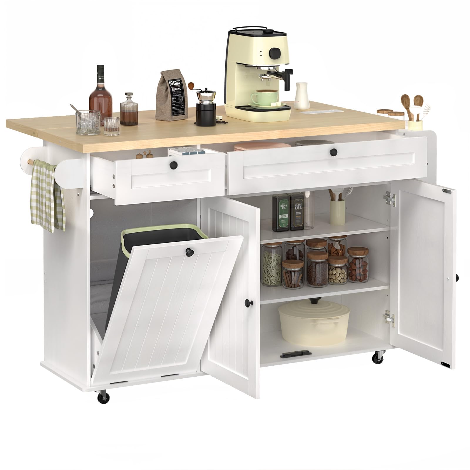 60 "มือถือ KITCHEN Islands Rolling รถเข็นห้องครัวตาราง DROP Leaf บ้านรถเข็น Power Outlet เครื่องเทศผ้าเช็ดตัวถังขยะ