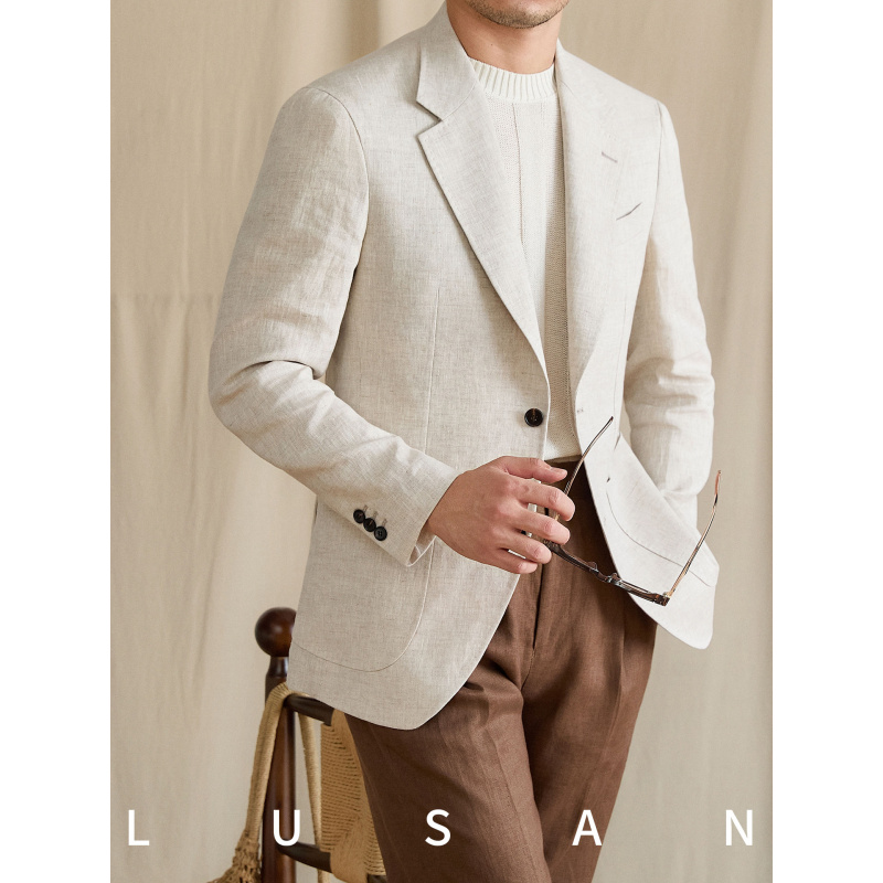 Letni, lekki, półwyściekowany, oddychający, jednorzędowy garnitur w stylu włoskim, 100% len, elegancka marynarka męska do noszenia na co dzień.