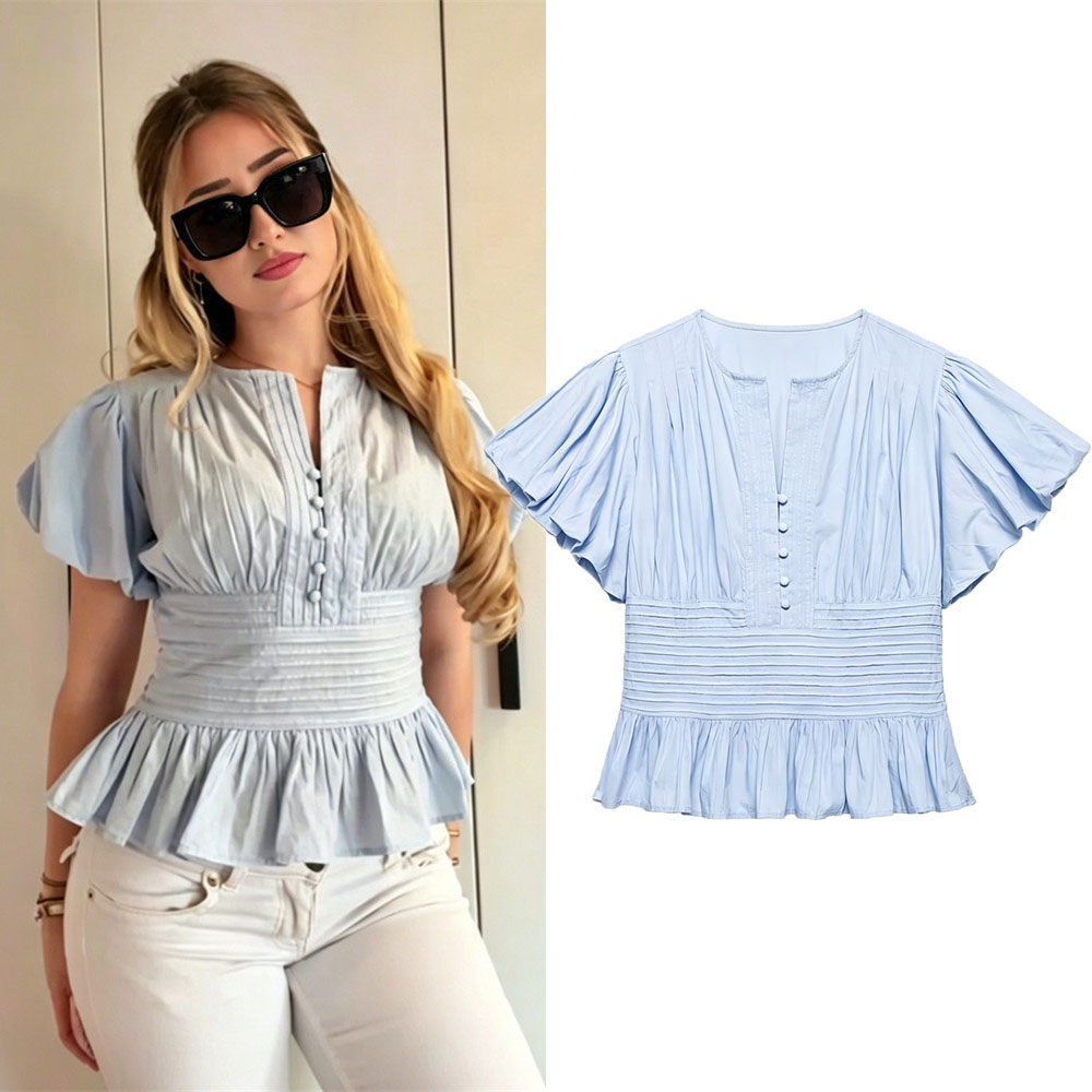 Camicetta in Chiffon da Donna con Scollo a V, Maniche a Sbuffo, Orlo con Volant, Elegante e Casual per Outfit Estivi Chic