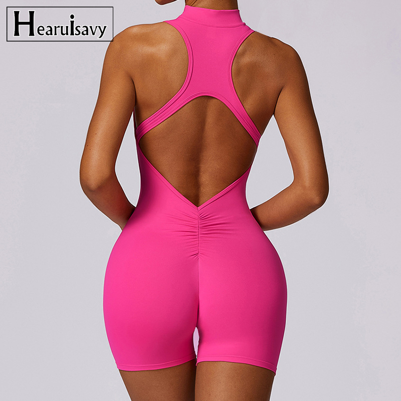 Sem mangas V Voltar Scrunch Macacão Esportivo para Mulheres, Macacão de Ginásio, Sportswear, Zíper, One Piece Suit, Yoga Vestuário, Novo, macacao feminino academia,macacao academia,macaquinho feminino curto