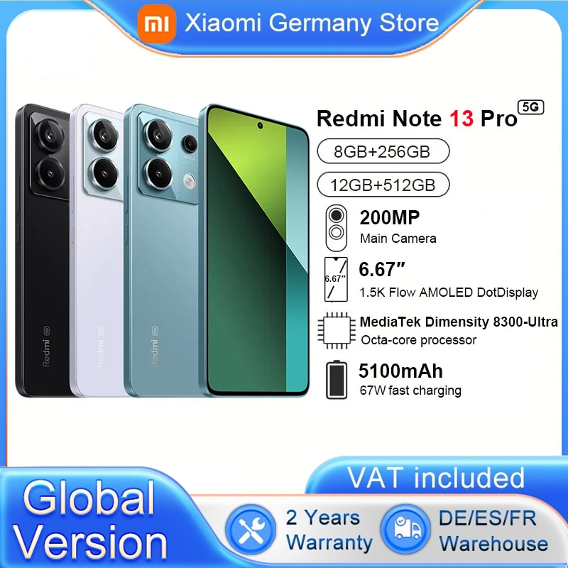 Globale Version Xiaomi Redmi Note 13 Pro 5G Smartphone 6,67" AMOLED Display Snapdragon 7s Gen 2 200MP Kamera 67W Schnellladung