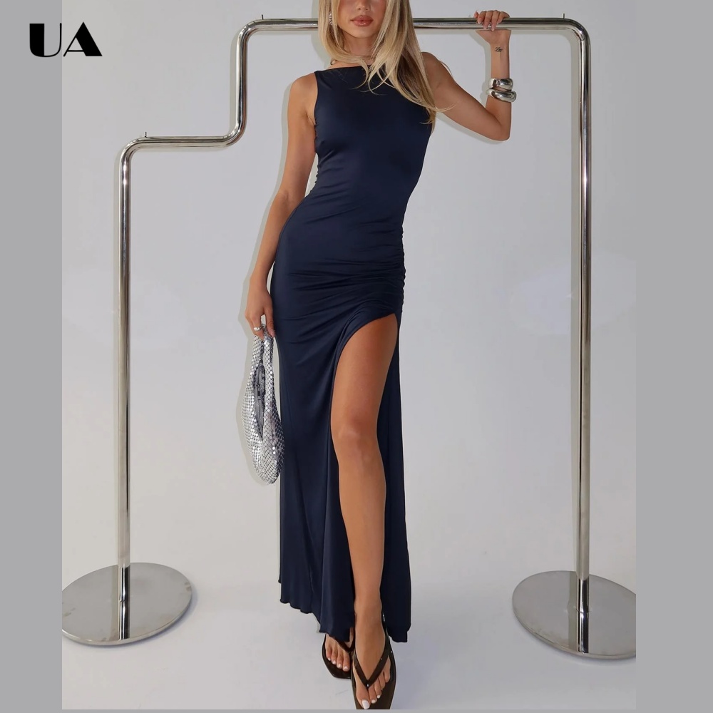 ULBYANRY Sexy Figurbetontes Rückenfreies Partykleid, Elegantes Einfarbiges Abendkleid mit Bootsausschnitt, Maßgeschneidertes Ärmelloses Hochzeitsgast-Kleid