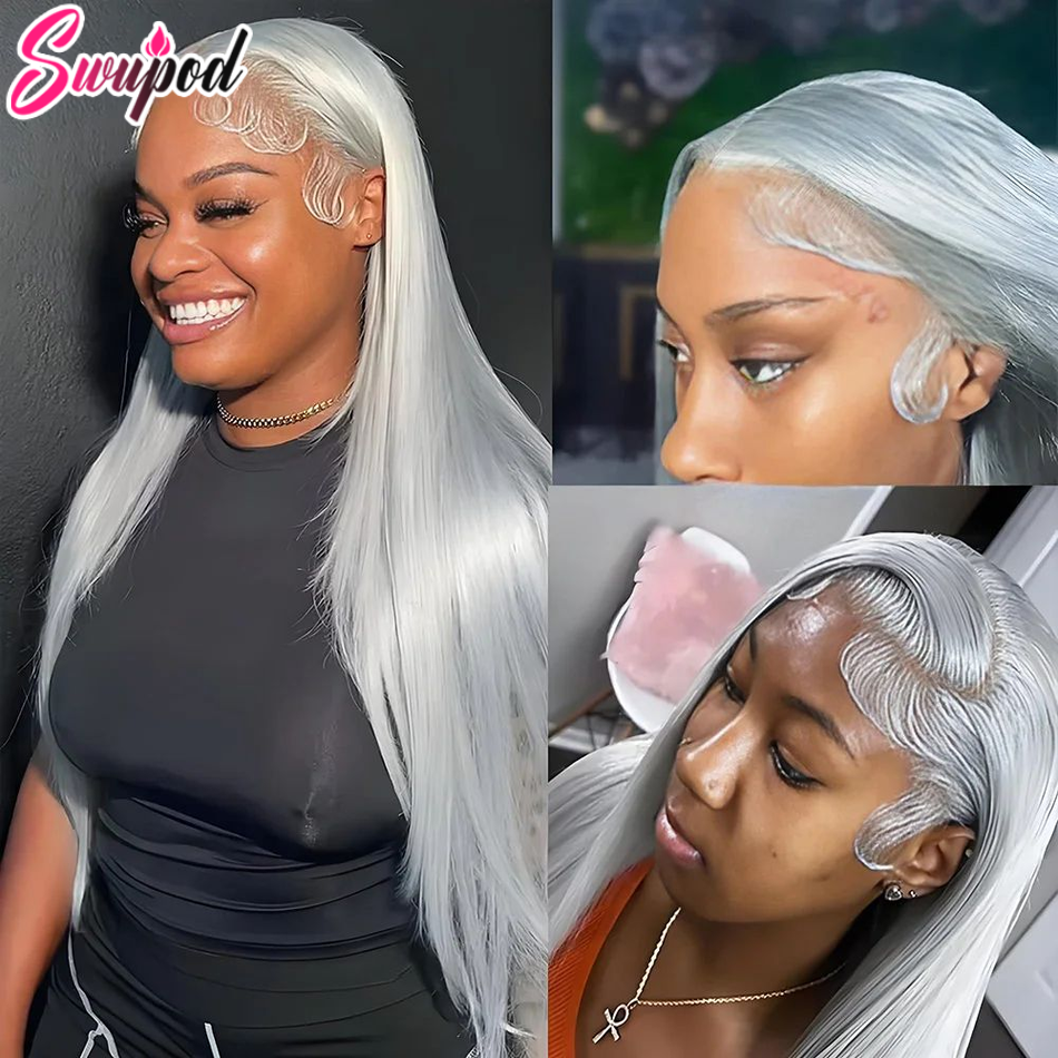 250% 36inch Silver Grey HD 13x6 Straight Lace Front Human Hair Wigs Pre Plucked 13x4 Transparen Frontal Wigs For Women Brazilian