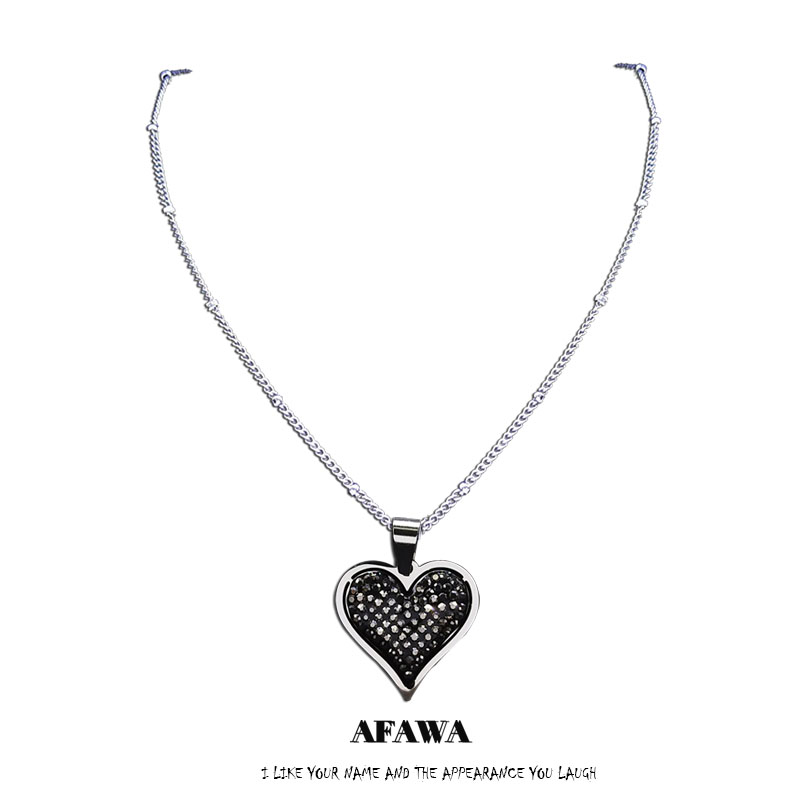Colar com Pingente de Coração em Cristal Preto e Aço Inoxidável para Mulheres, Cor Prata, Pequeno Charmoso, Joias Chaine N4871S01