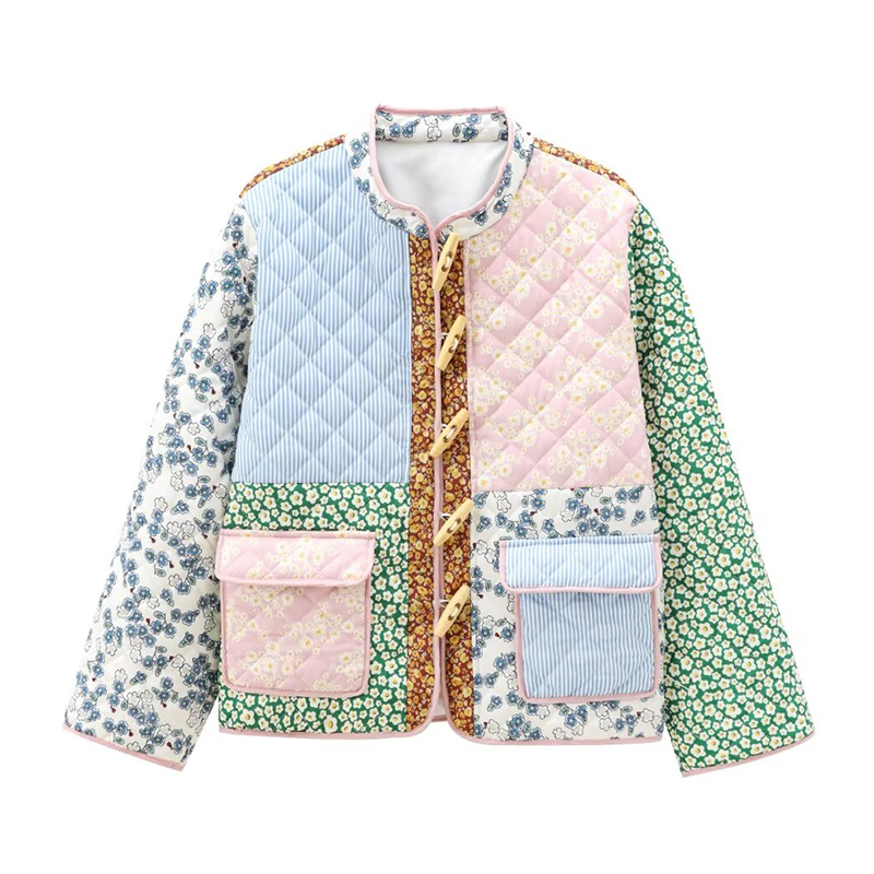 Vintage katoenen gewatteerde kledingjas Retro bloemenprint Patchwork Winter warme jas Casual dames lange mouwen Lady Streetwear