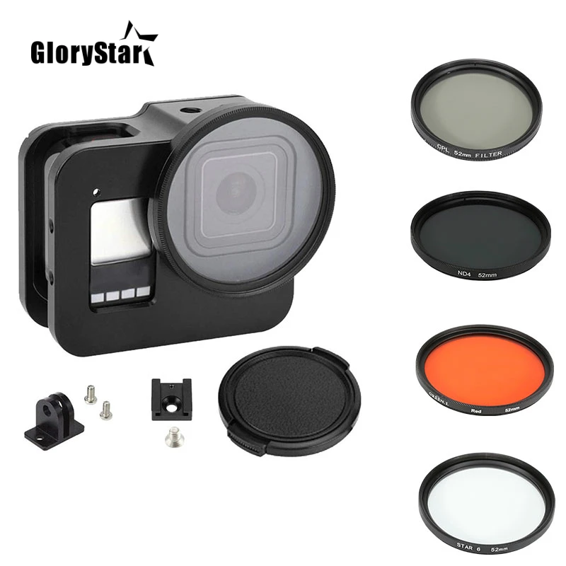 Marco protector de aluminio y Metal para GoPro Hero 8, CPL carcasa negra con 52mm/Rojo/ND4/8/16/Star/Macro 10x/filtro para go pro 8