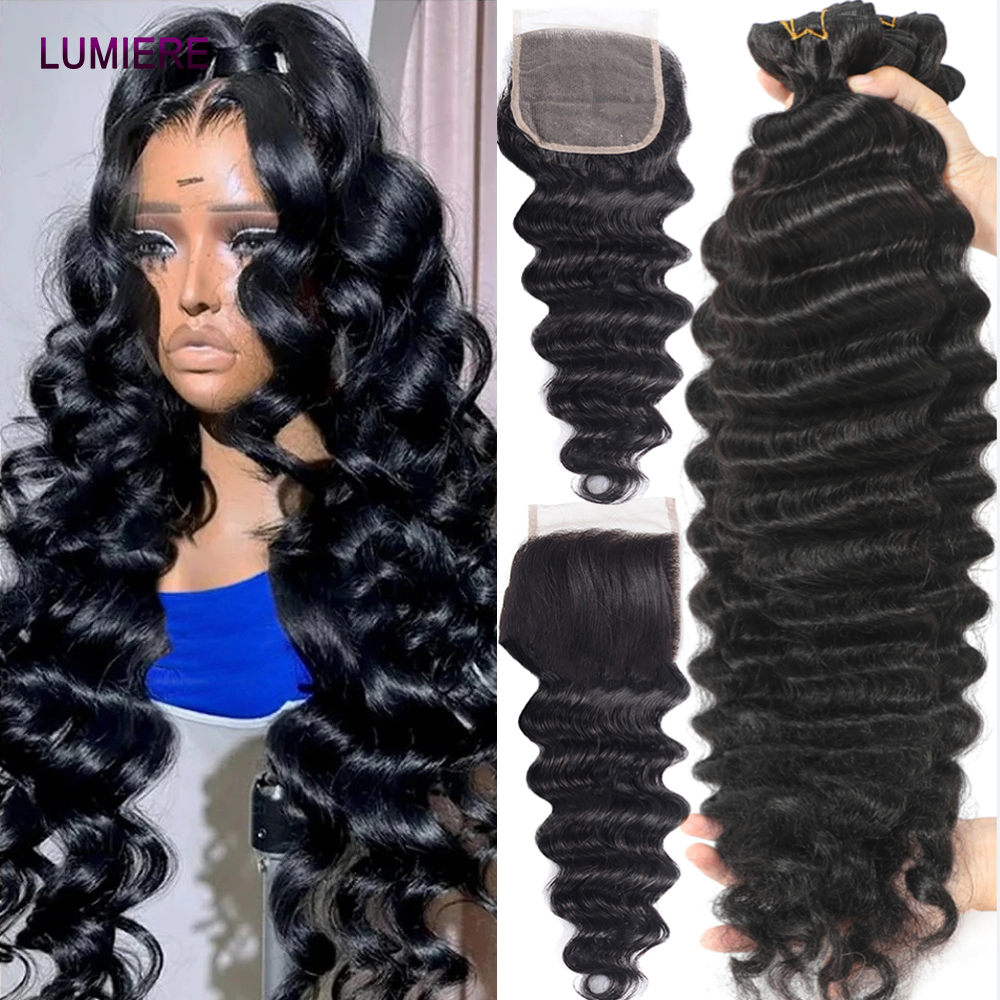 Mechones sueltos de ondas profundas 15A con cierre Frontal cabello peruano 100% extensiones de cabello humano virgen sin procesar con extensiones de cabello Frontal