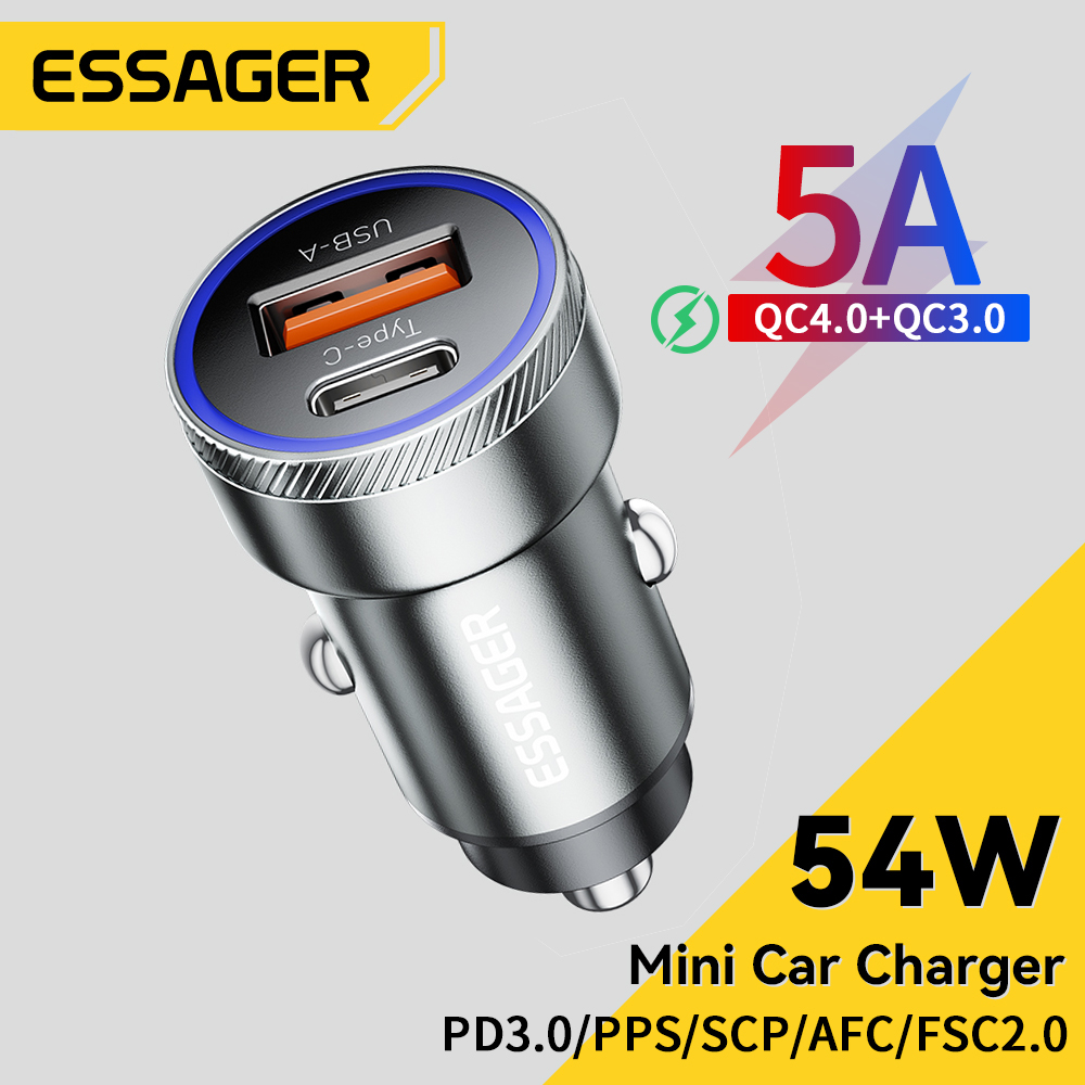 Essager 54W Ładowarka samochodowa USB 5A Fast Charge 3.0 QC PD 3.0 SCP AFC 30W USB typu C Szybkie ładowanie dla iPhone Huawei Samsung Xiaomi