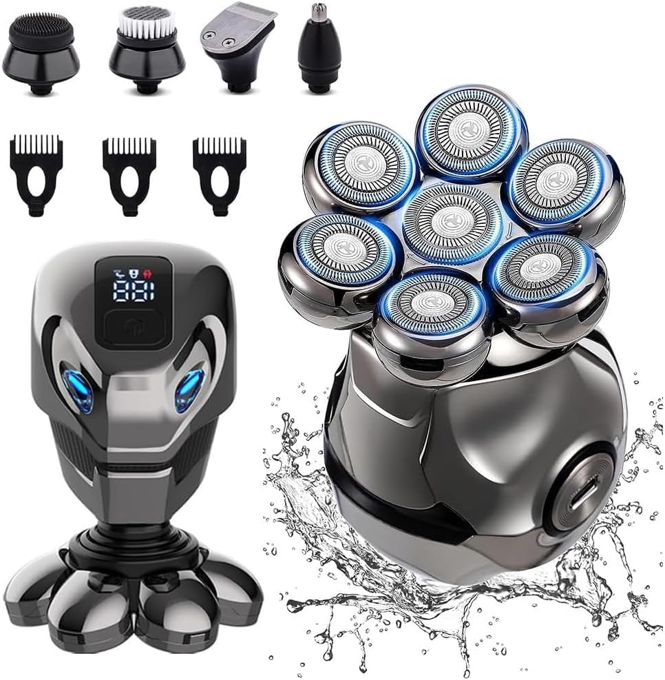 7D Head Electric Razor for Men, Multifunctional Bald Head Shaver Grooming Kit, Waterproof Type-C USB Rechargeable 6 in 1 Cordles