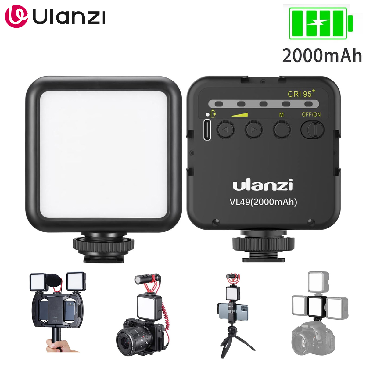 Ulanzi VL49 6W Mini Luz de Preenchimento LED para Vlog Branca 2000mAh 5500K Iluminação com Zoom Iluminação Fotográfica Lâmpadas de Preenchimento para Vídeo e Selfie com Celular