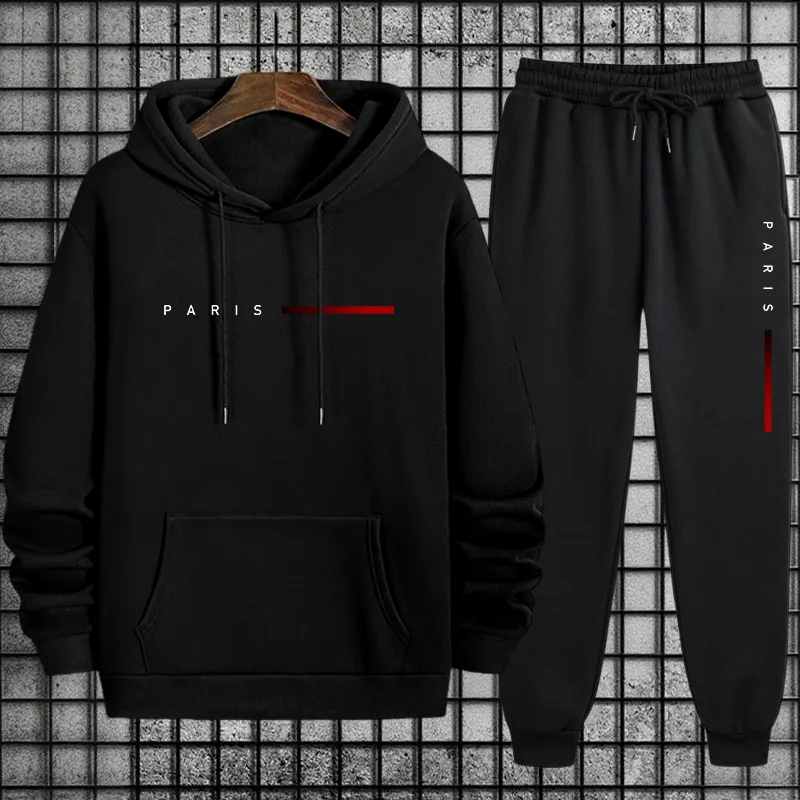Heren Parijs Mode Trainingspak Hoodie en Joggingbroek Set met Soft Touch Stof Herfst Winter Heren Thuis Outdoor Comfort Warme Outfit
