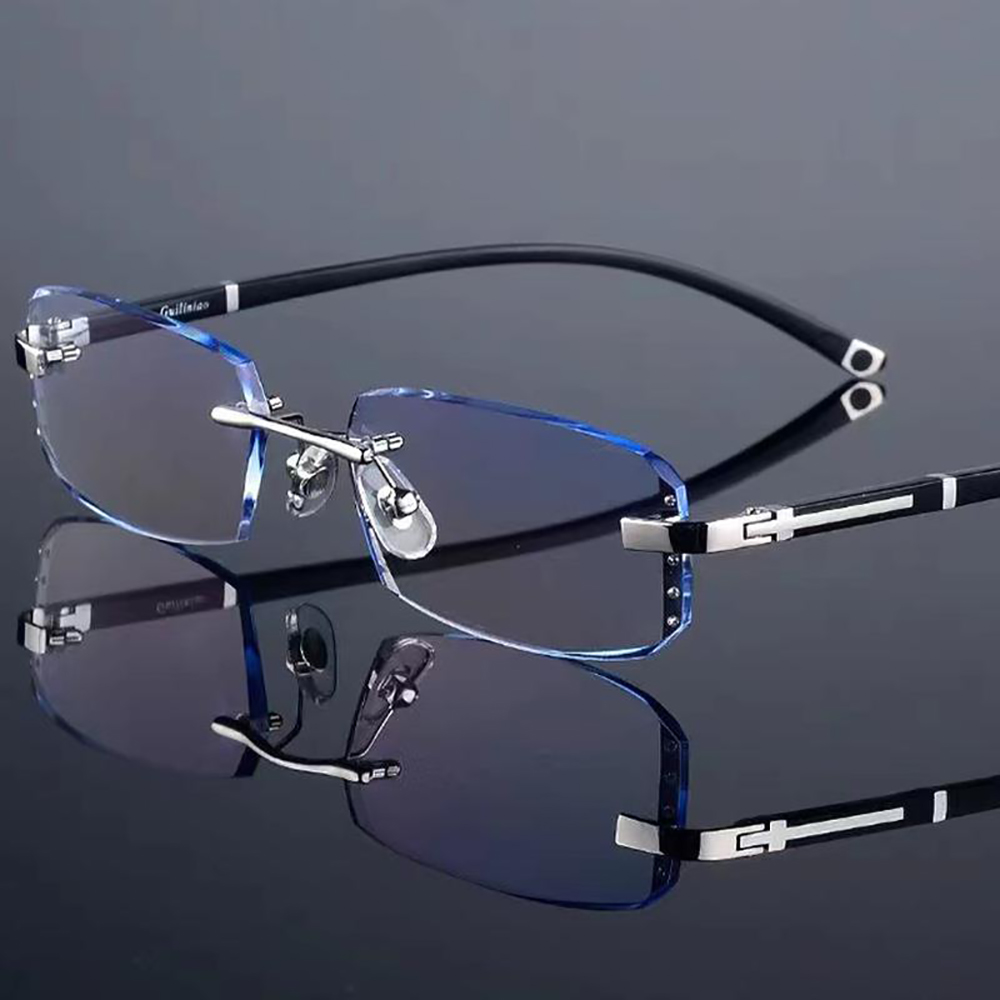 男性用カットエッジ付きHD老眼メガネ,抗疲労,透明,フレームレス,アンチブルー,新品,1.0,4.0
