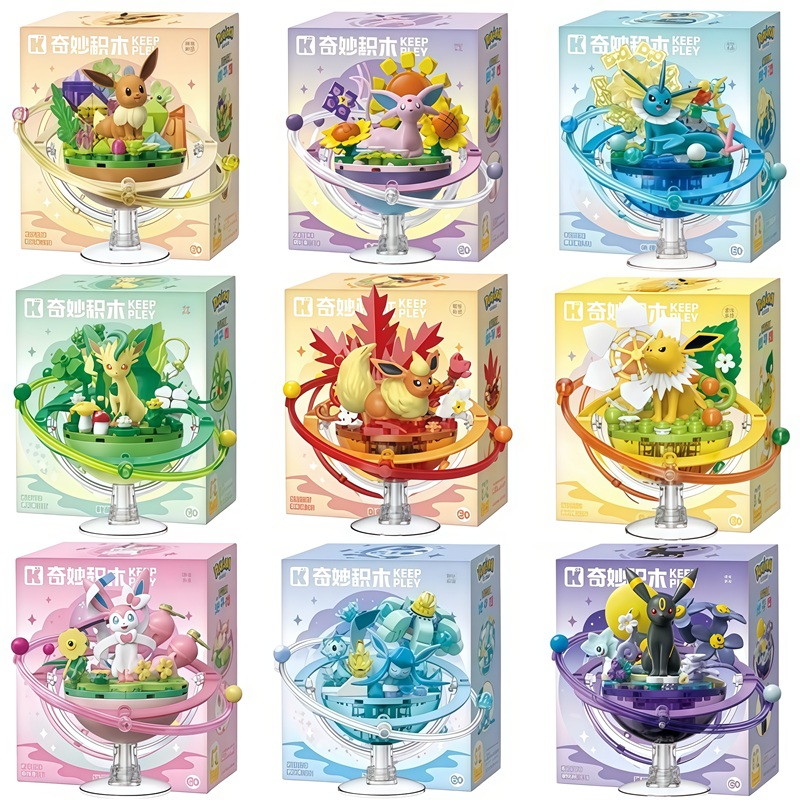 Mainan Blok Bangunan DIY Pokemon Asli Keeppley Baru Seri Planet Keluarga Eevee Kartun Model Perakitan Ornamen Hadiah untuk Penggemar