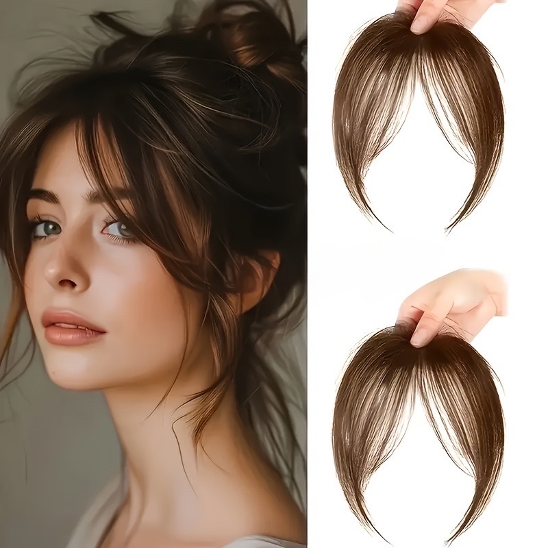 女性用バングヘアピース1パック、自然な頭頂部、前頭部、合成毛、角度のあるエアカールバング。