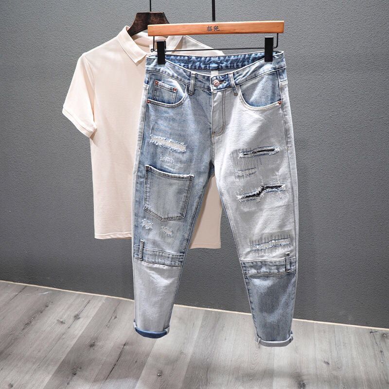 Pantalones vaqueros casuales para hombre, Jeans de lápiz de vaquero de diseñador de retazos Vintage, pantalones guapos de moda, primavera y otoño, nueva llegada