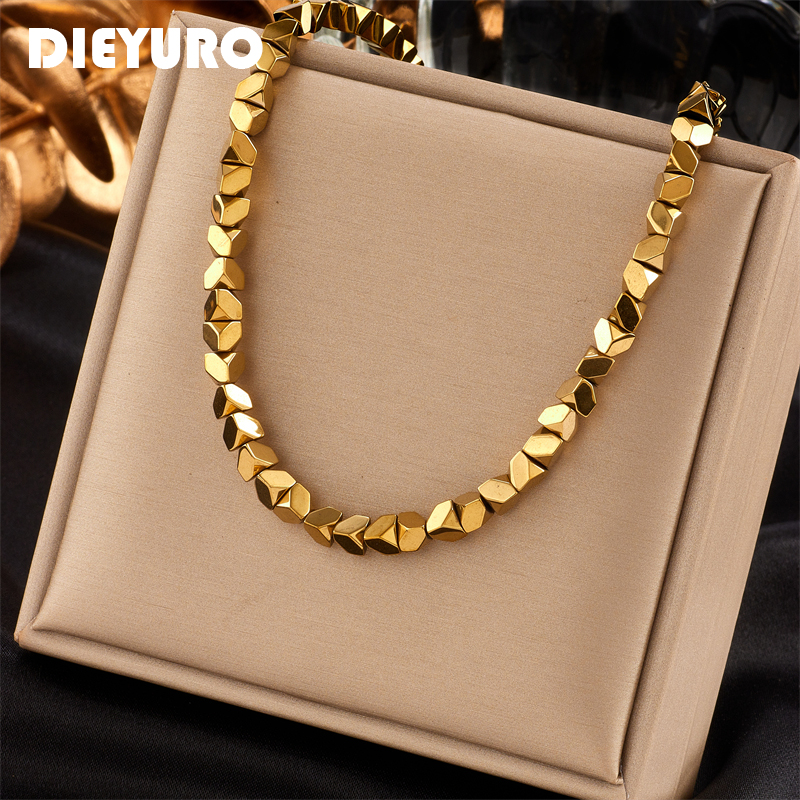 DIEYURO 316L Edelstahl Gold Farbe Geometrische Overlay Halskette Für Frauen Mädchen Kette Retro Einfache Schmuck Party Geschenk Collier