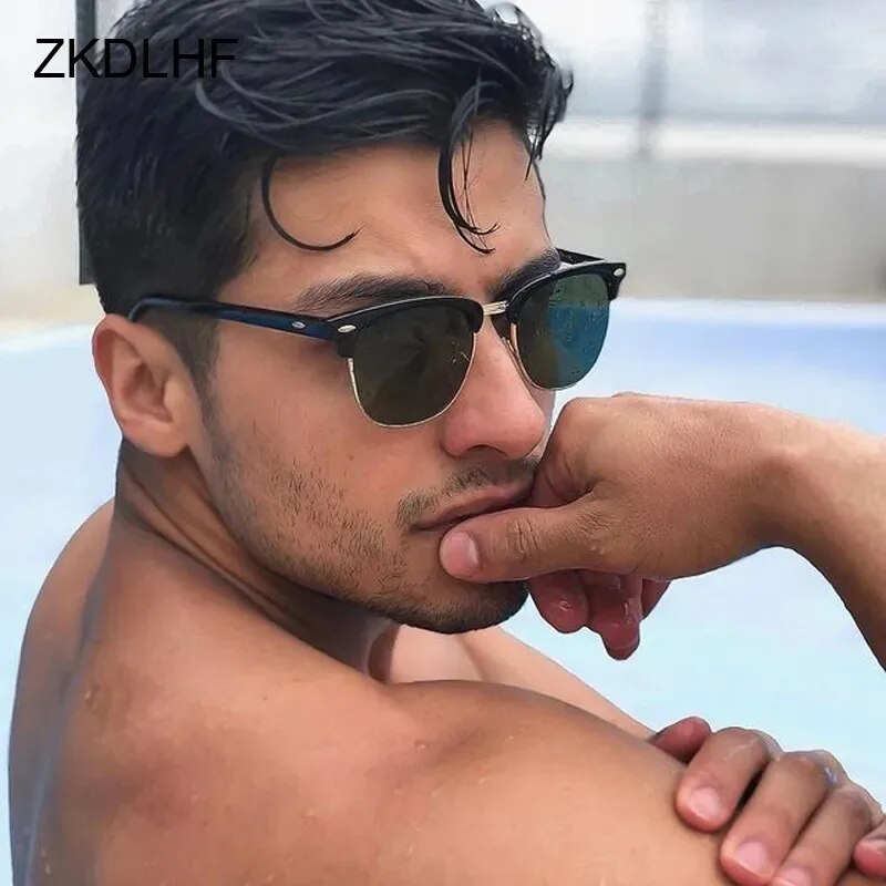 Óculos Polarizados Half Frame para Homens e Mulheres, Óculos Retro Rivet Mirror, Óculos de Metal, Marca de Luxo, Designer, Masculino