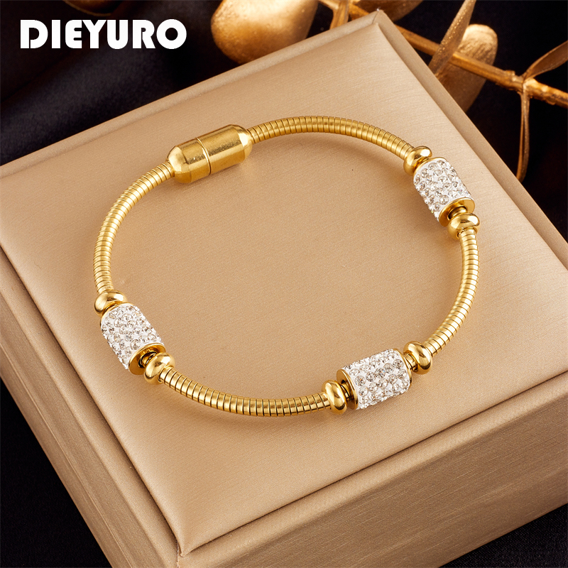 DIEYURO 316L Edelstahl Gold Farbe Zirkonia Perlen Armband Für Frauen Mode Mädchen Magnet Verschluss Schlange Kette Schmuck Geschenke