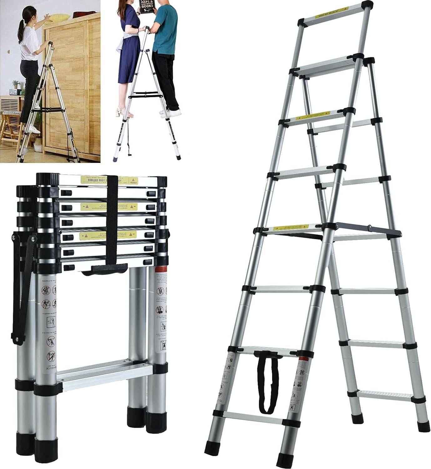 Échelle télescopique d'extension en aluminium de 6 + 7 marches, Portable, échelle de Loft extensible antidérapante polyvalente à cadre en A 150kg