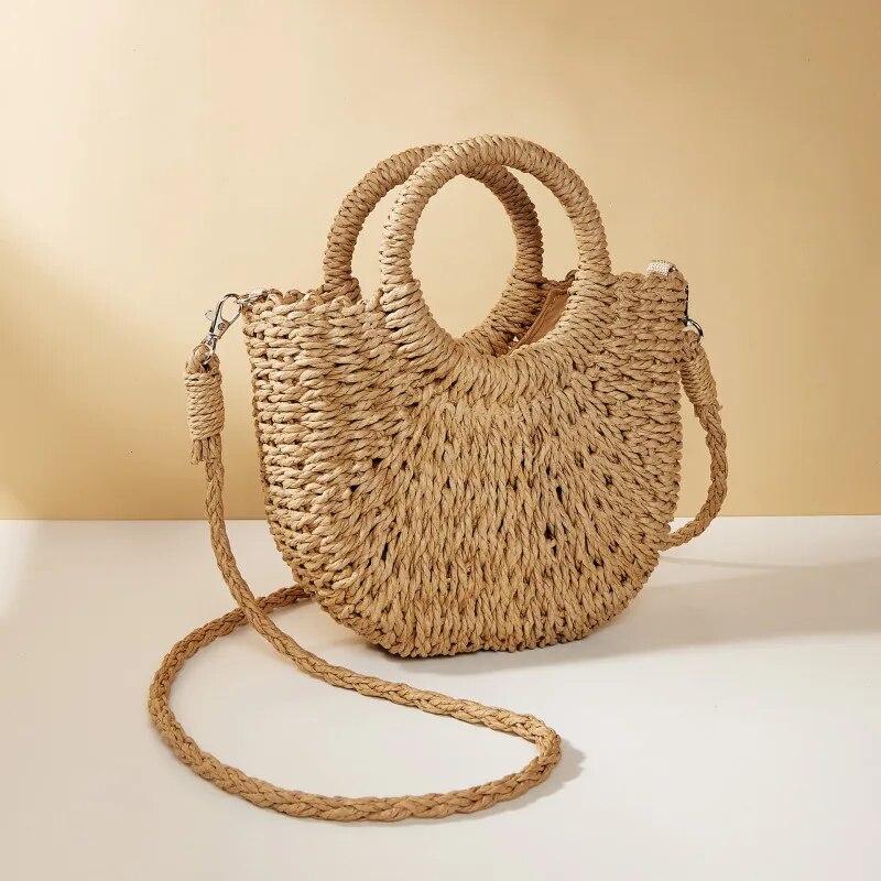 Bolso de mano de mimbre de paja de media luna para playa, bolso de hombro cruzado de gran capacidad para mujer de verano