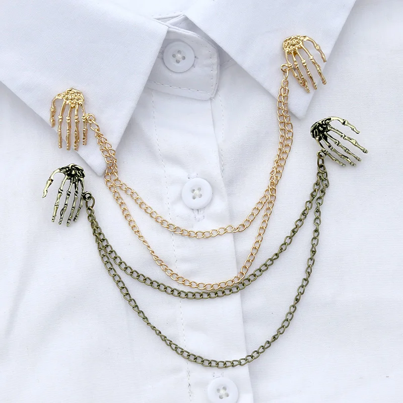 New Brooches Punk Skull Shirt Collar Pins Retro Fashion Men and Women Steampunk Charm Palm Universal Retro Chain Brooch