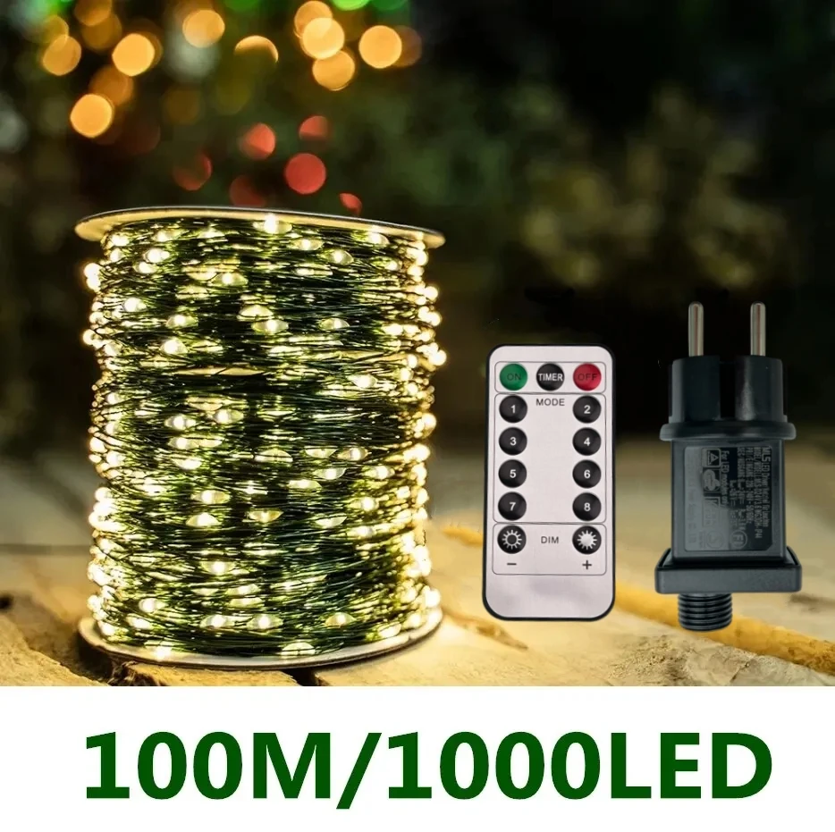Guirxiété Lumineuse LED avec Fil Vert Dégradé de 100m, pour l'Extérieur, Arbre de Noël, Nouvel An, Rue, Maison, ix, Décoration de Mariage