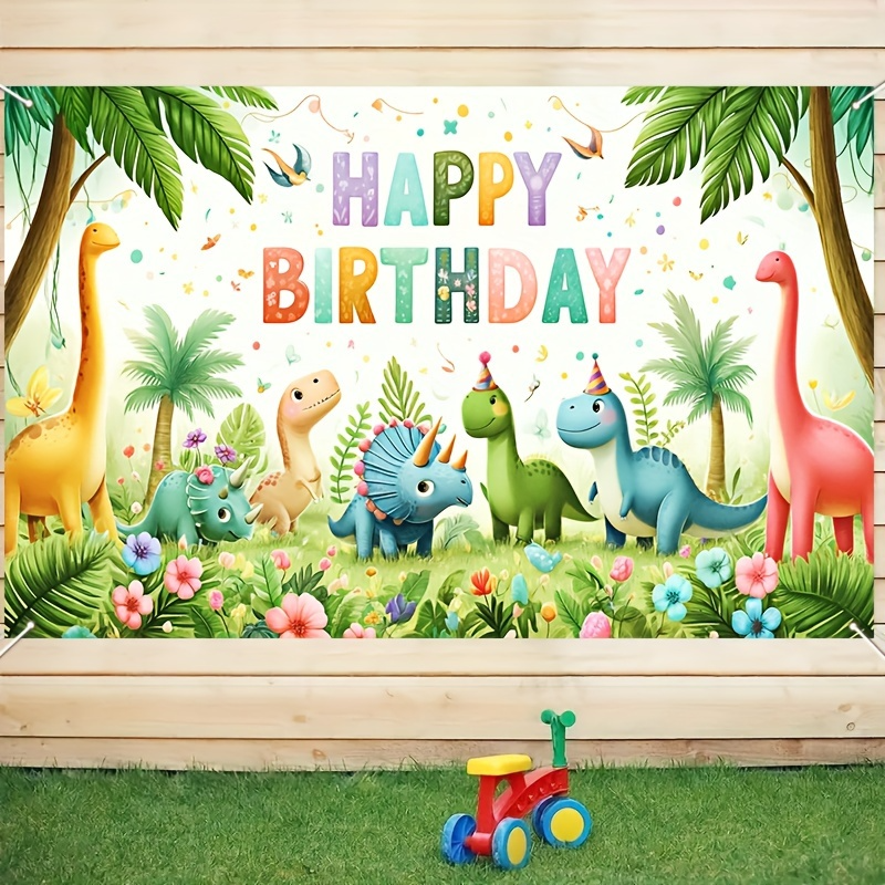 Cartoon dinosaurus polyester foto achtergrond banner - levendige gelukkige verjaardag decoraties voor binnen- en buitenevenementen, feesten