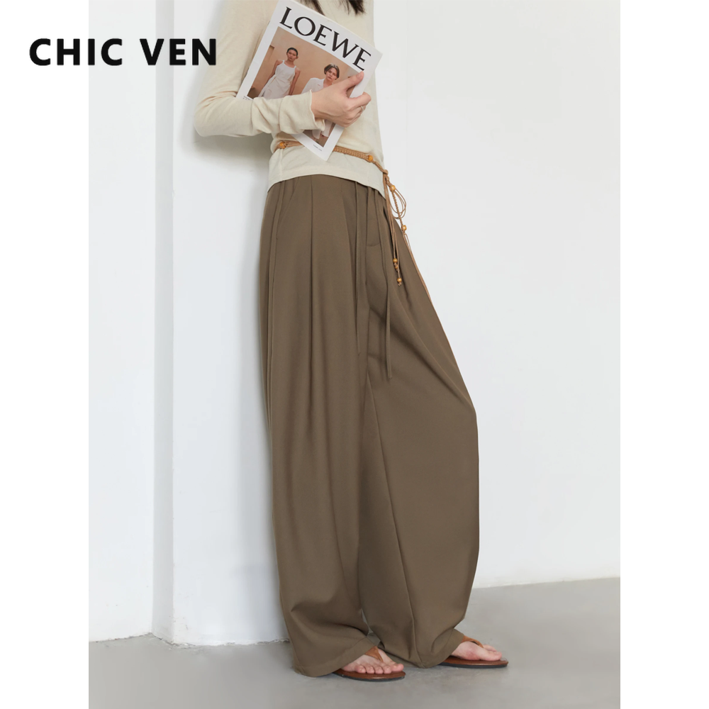 Женские брюки CHIC VEN, однотонные свободные повседневные широкие брюки, плиссированные женские брюки на шнурке, офисные женские брюки, весна-осень 2025