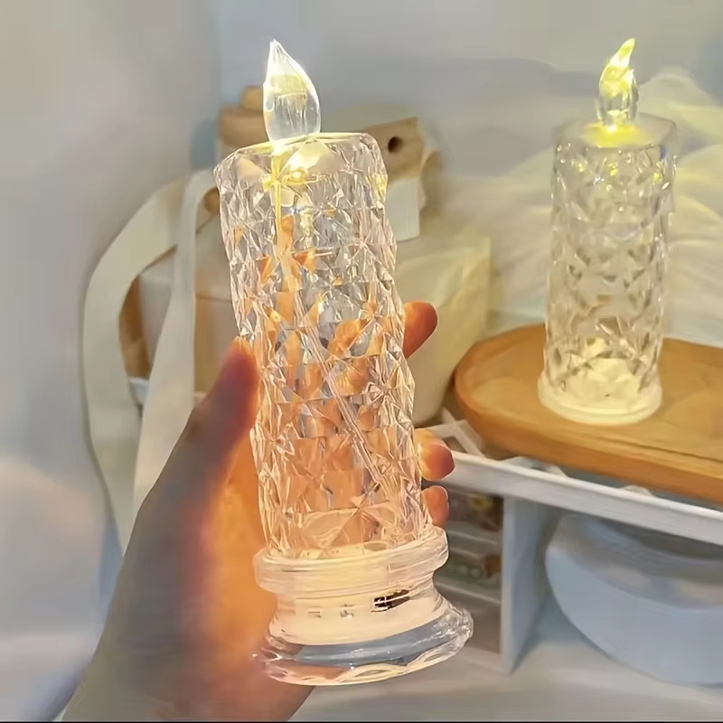 แสงเทียนคริสตัล LED จําลองโคมไฟเทียน Flameless Rose รูปแบบเดสก์ท็อปโคมไฟกลางคืนงานแต่งงาน Birth Christmas Home Dec