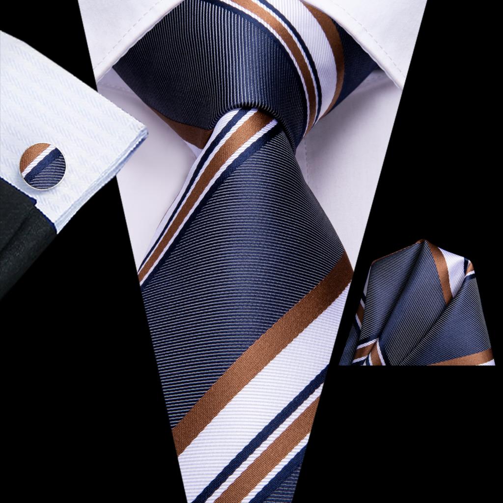 Grijs Wit Gestreepte 2023 Nieuwe Elegante Mannen Stropdas Zakdoek Manchetknopen Zijde Stropdas Voor Mannen Wedding Party Business Fashion Brand Hi-Tie