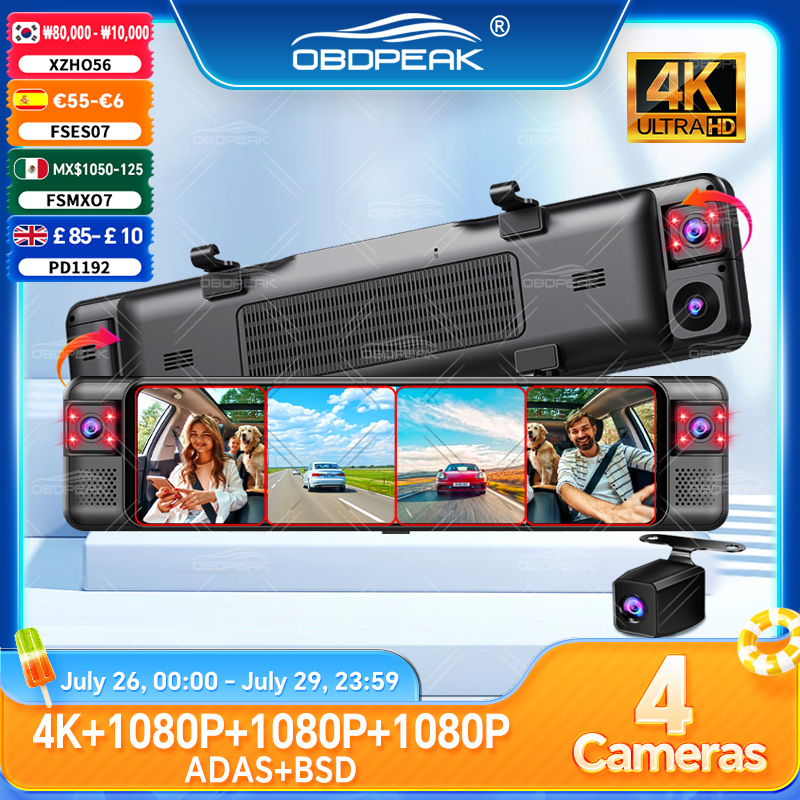 Cámara de Retroceso D80 4K con ADAS, 4 Canales, 360° °   Cámara DVR para Auto con WIFI y APP, Grabación Interior 1080P, BSD, Grabador de Video Automático, Estacionamiento 24H