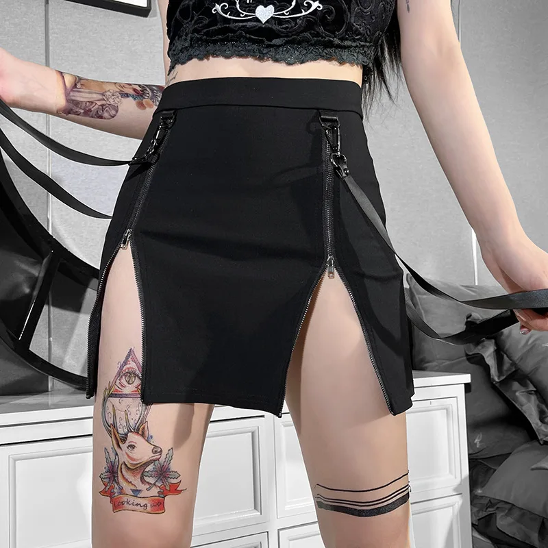 Y2k กระโปรง Dark คู่กระเป๋าซิปสะโพกแยก Gothic Design แน่นกระโปรง Harajuku Black Gothic กระโปรงกระโปรงสะโพกกระโปรงกระโปรง Kawaii Vintage