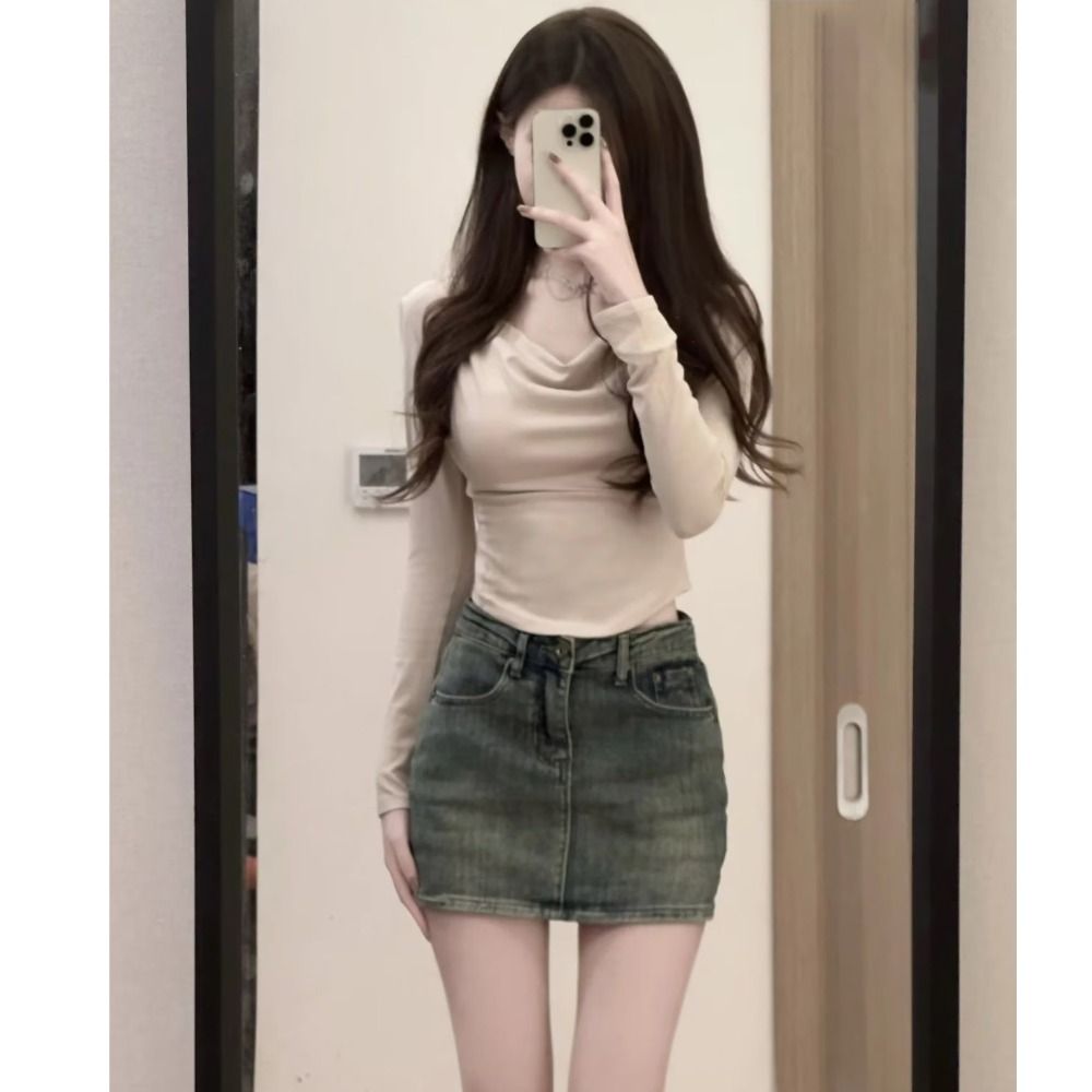 Fashion High Waist Mini Skirt A-Line Retro Jean Skirt Slim Fit Casual Short Skirt Women