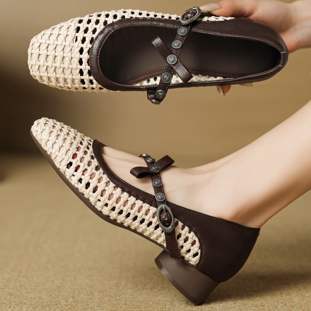 Women's sheepskin braided microfiber patchwork metal buckle slip-on Mary Jane flats river bowtie decoration sweet ladies shoes