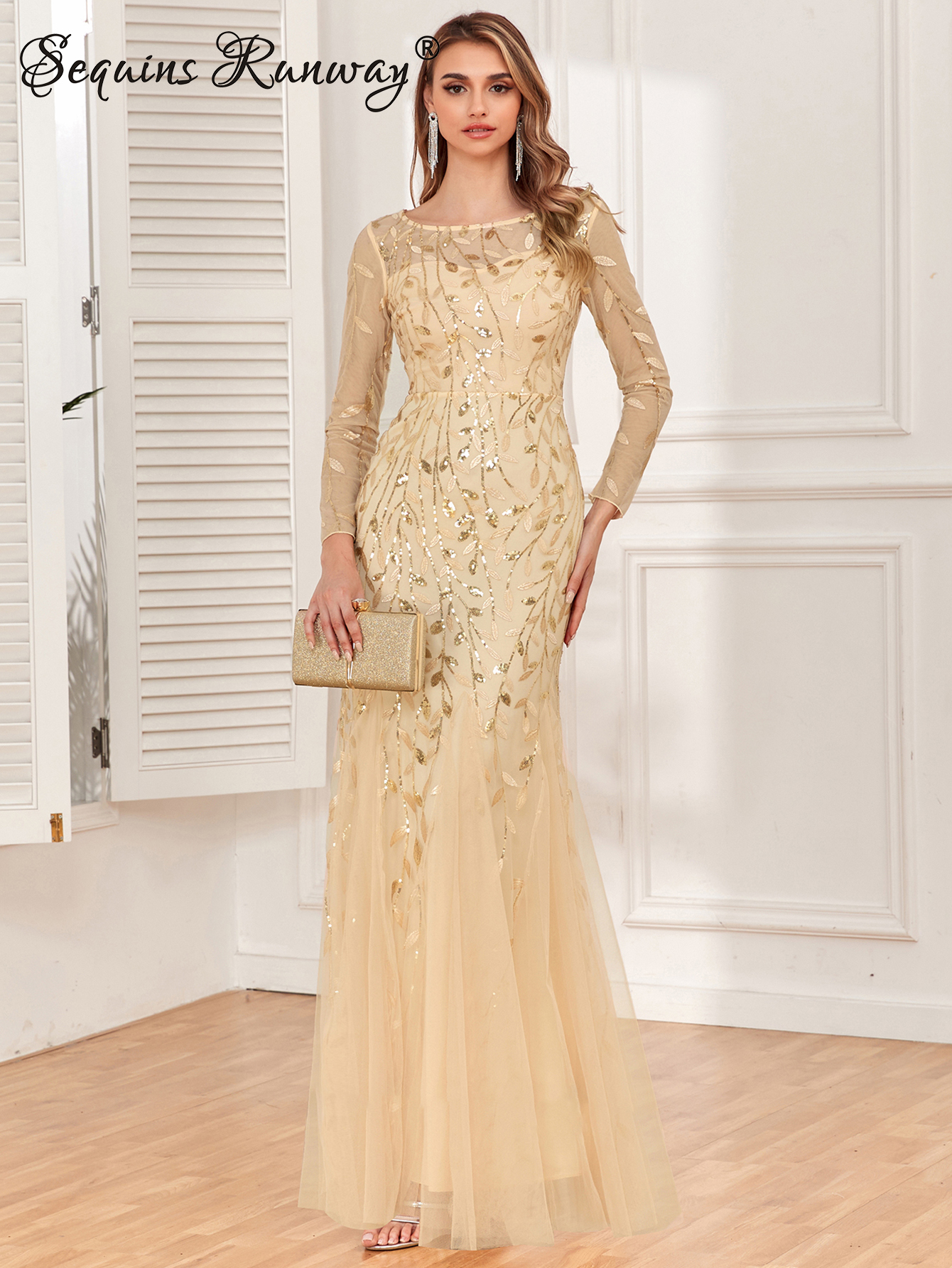 Maxi vestido de cóctel de lentejuelas vintage Sexy para mujer, vestidos de graduación de dama de honor para mujer, vestidos de fiesta casuales de manga larga, vestido ajustado para club