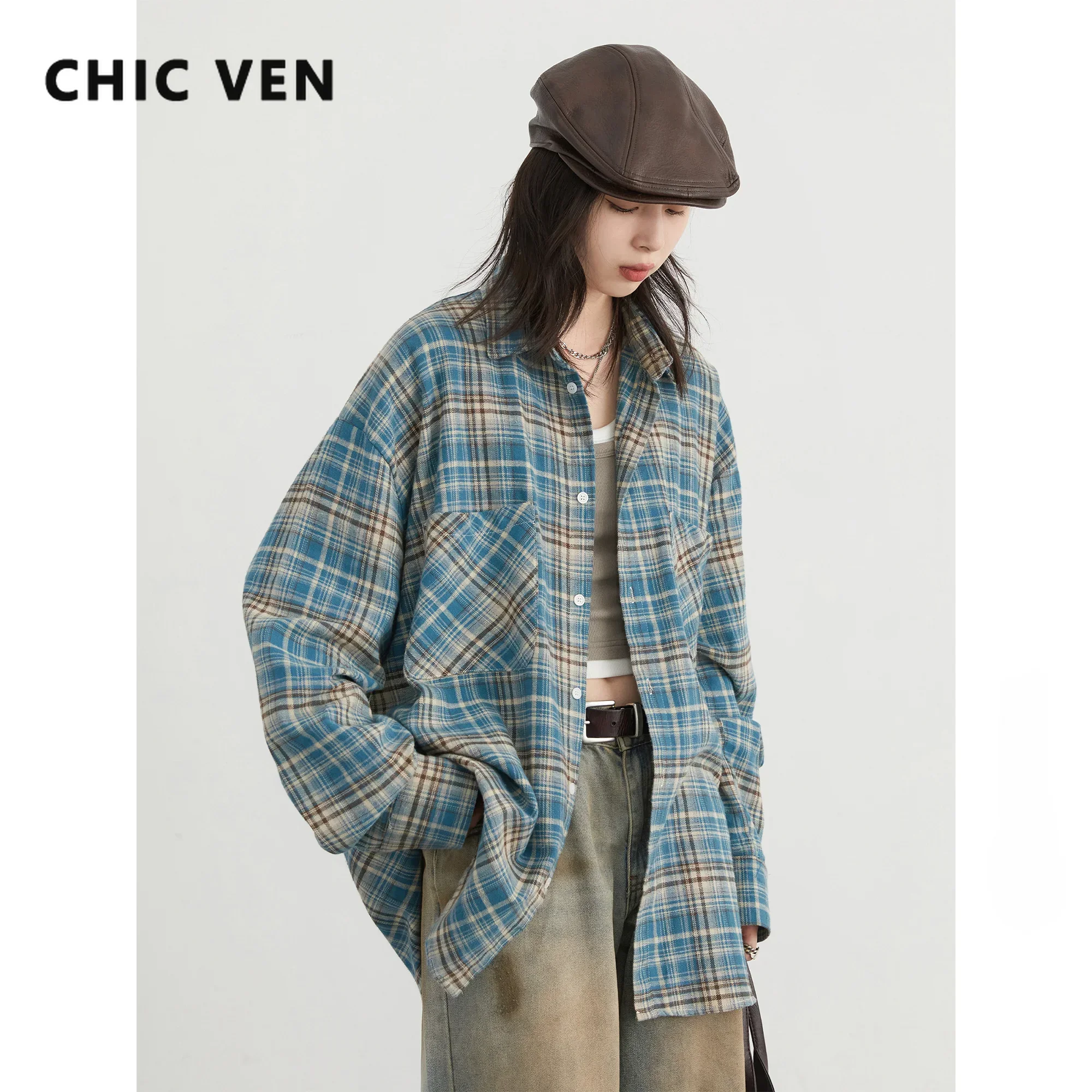 Женская хлопковая рубашка CHIC VEN, однобортная, свободного кроя, в стиле ретро, с цветными блоками и клетчатым узором, осень-весна 2026