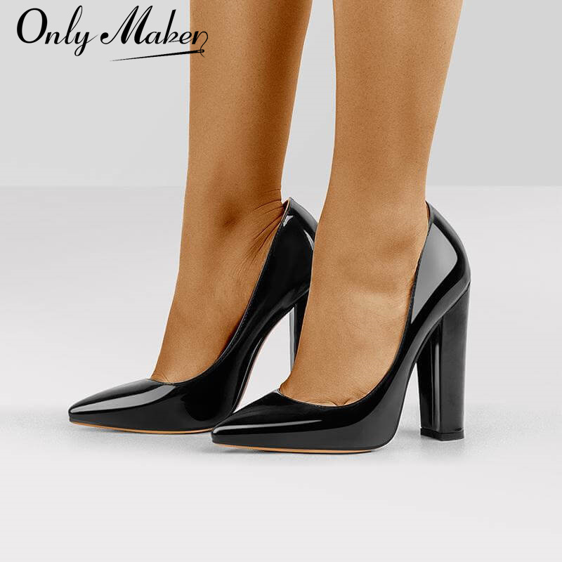 Onlymaker, zapatos de tacón alto grueso con punta estrecha para mujer, zapatos de tacón para boda y oficina, tacones clásicos negros de gamuza sintética de talla grande