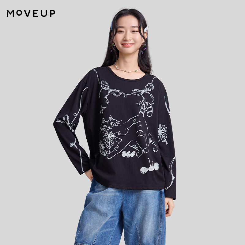 MOVEUP Fun Printing Langarm-T-Shirts 2026 Spring Scoop Cotton Commuter Casual Tees Streetwear Tops für Damen 3ELC10546