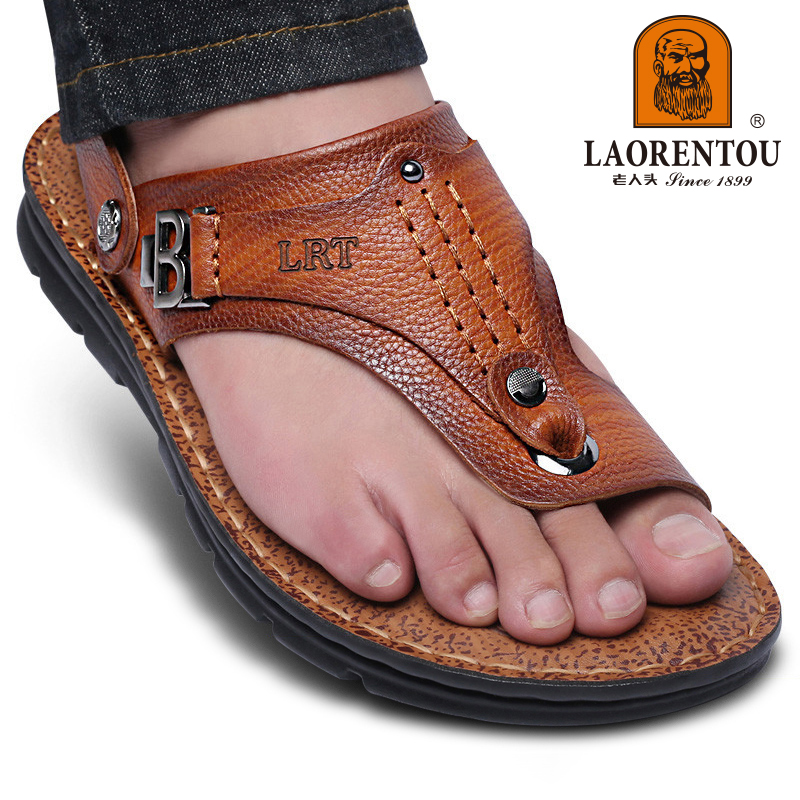 LAORENTOU-Sandalias de piel auténtica para hombre, chanclas de ocio al aire libre, con suelas suaves y antideslizantes, para uso externo