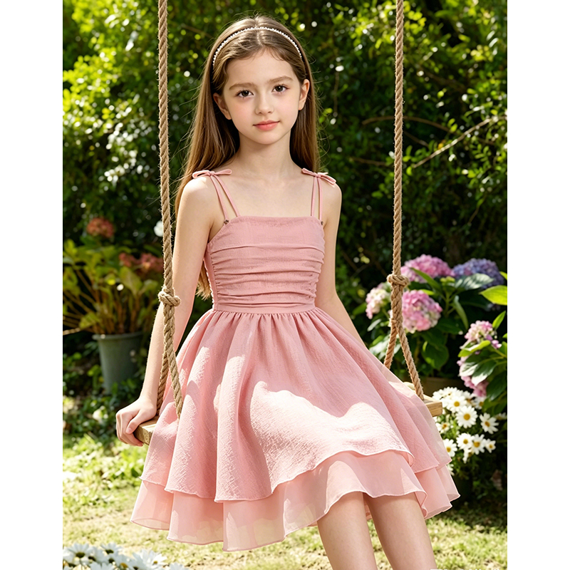 Conjunto para niños, vestido de princesa con tirantes escalonados de color rosa liso, vestido de estilo dulce para niñas, ropa para fiestas de cumpleaños y citas