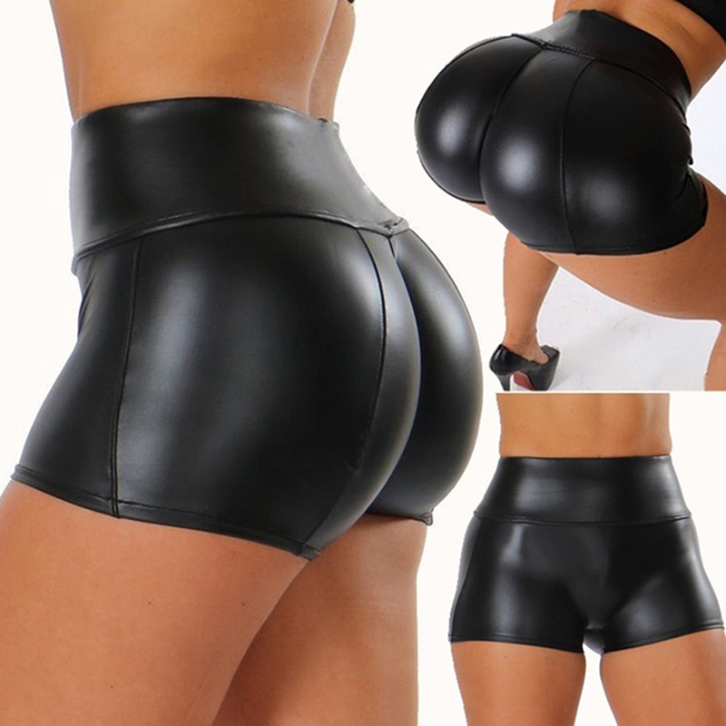 2024 กางเกงขาสั้นสตรีเซ็กซี่เงาElastic HighเอวเงาFaux PUหนังสั้นกางเกงSlim Hot Dance Clubwear Miniกางเกงขาสั้น