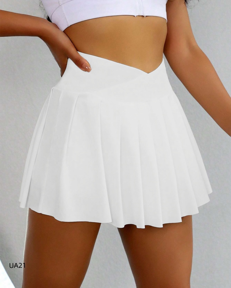 Rok Tenis Lipit Pinggang V 2-in-1 Wanita, Rok Olahraga Pinggang Tinggi dengan Saku, Cepat Kering, Anti-Exposure, Mini Skirt
