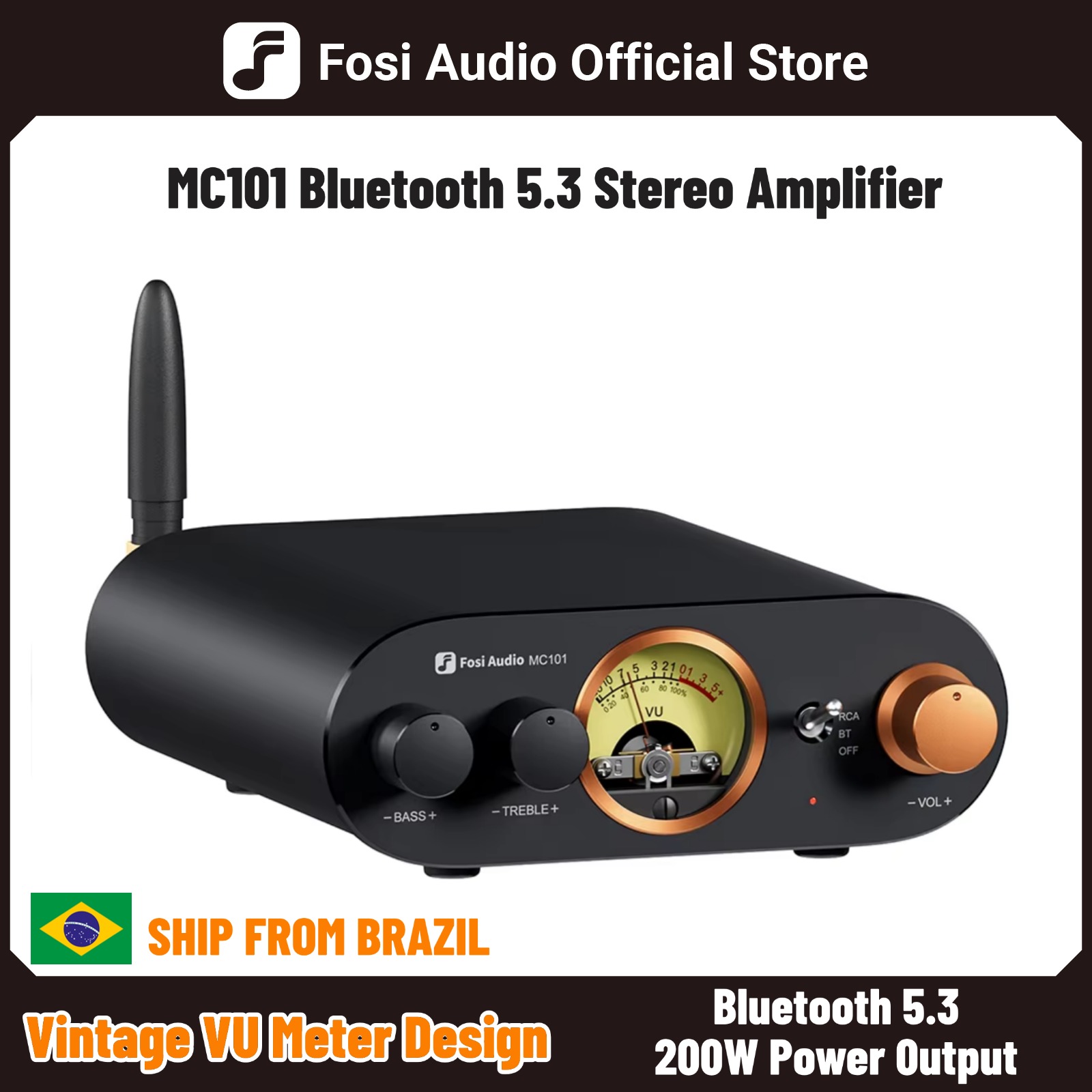 Fosi Audio MC101 Bluetooth Stereo Amplifier Home Audio Mini Amp with VU Meter 2 Channel HiFi Receiver for Passive Speaker