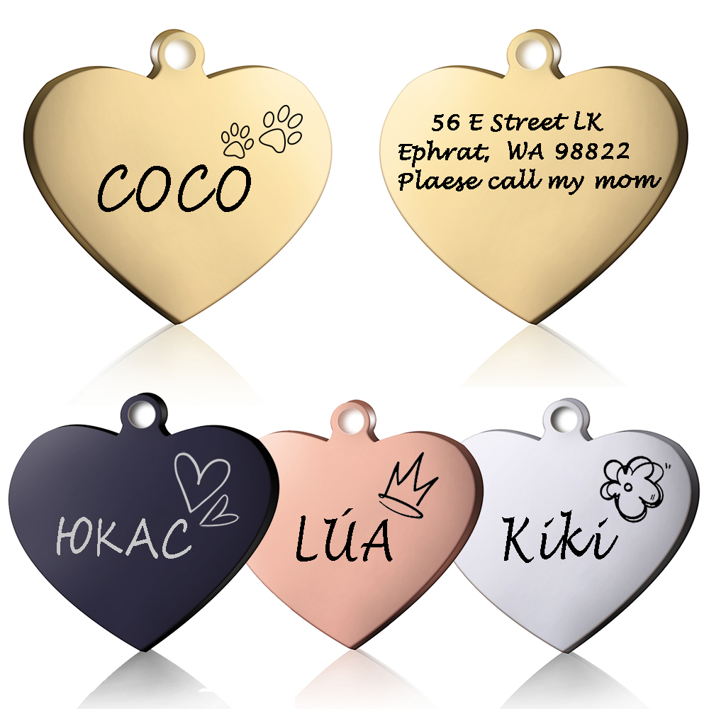 Etiqueta de corazón de identificación de perro, Collar de gato personalizado, colgante grabado, Collar de mascota, cadena, suministros para productos con nombre