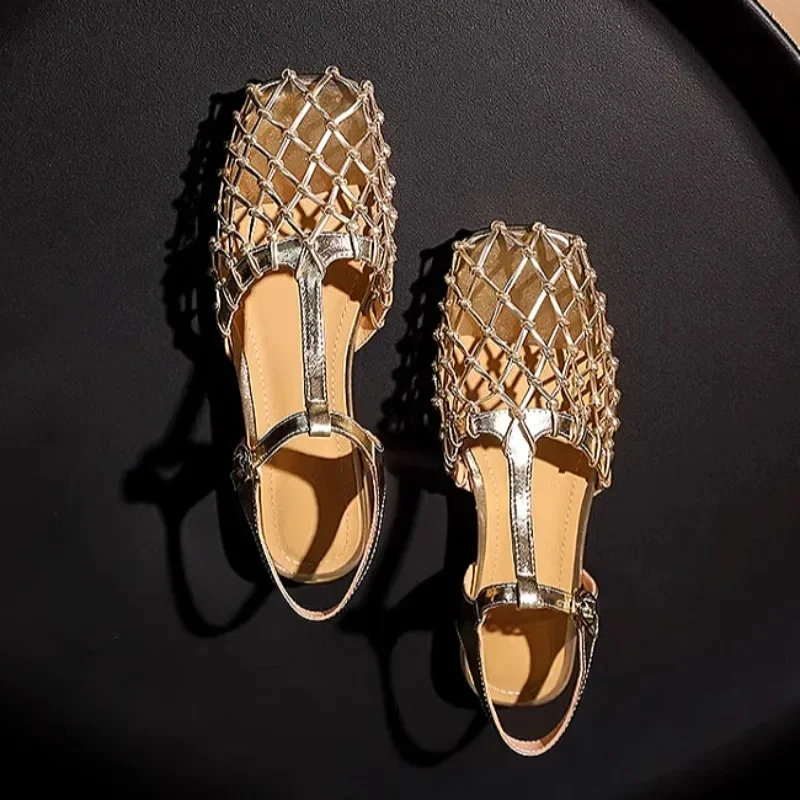 Women Weave Mesh Sandals Square Toe Low Heels Mules Shoes Open Toe Woman Summer 2025 Trend Dress Chunky Designer Pumps Mujer